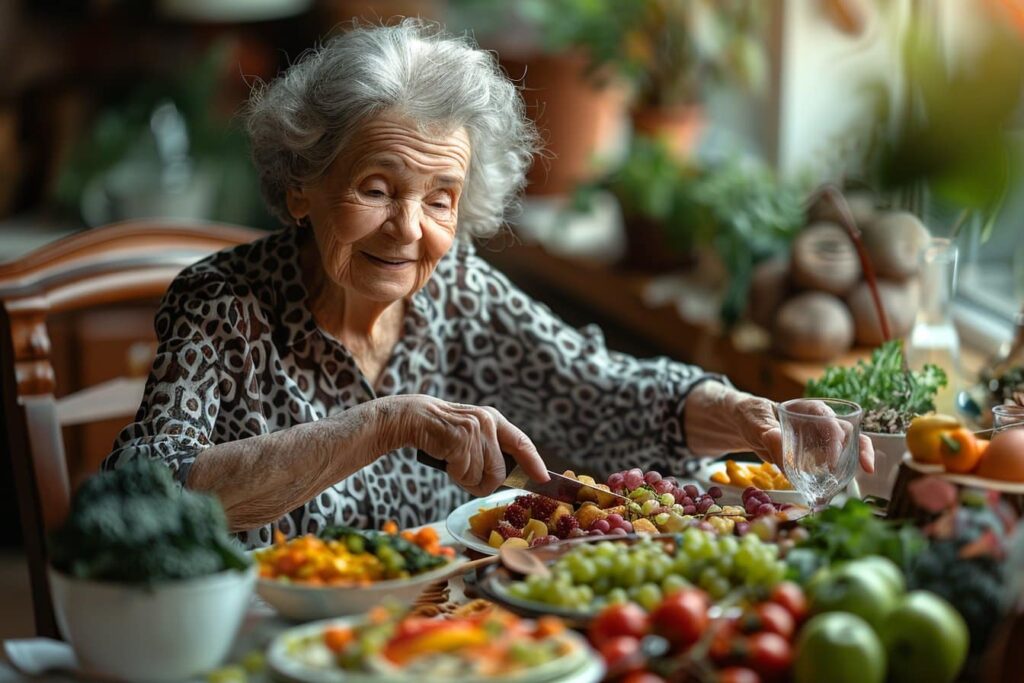femme âgée qui mange des fruits